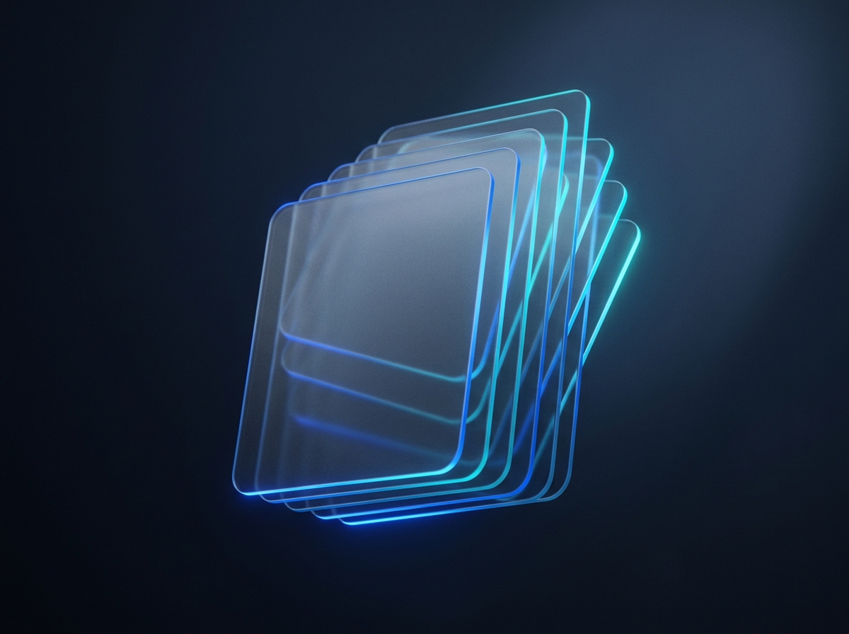 Composição abstrata de camadas de vidro sobrepostas iluminadas em azul e ciano